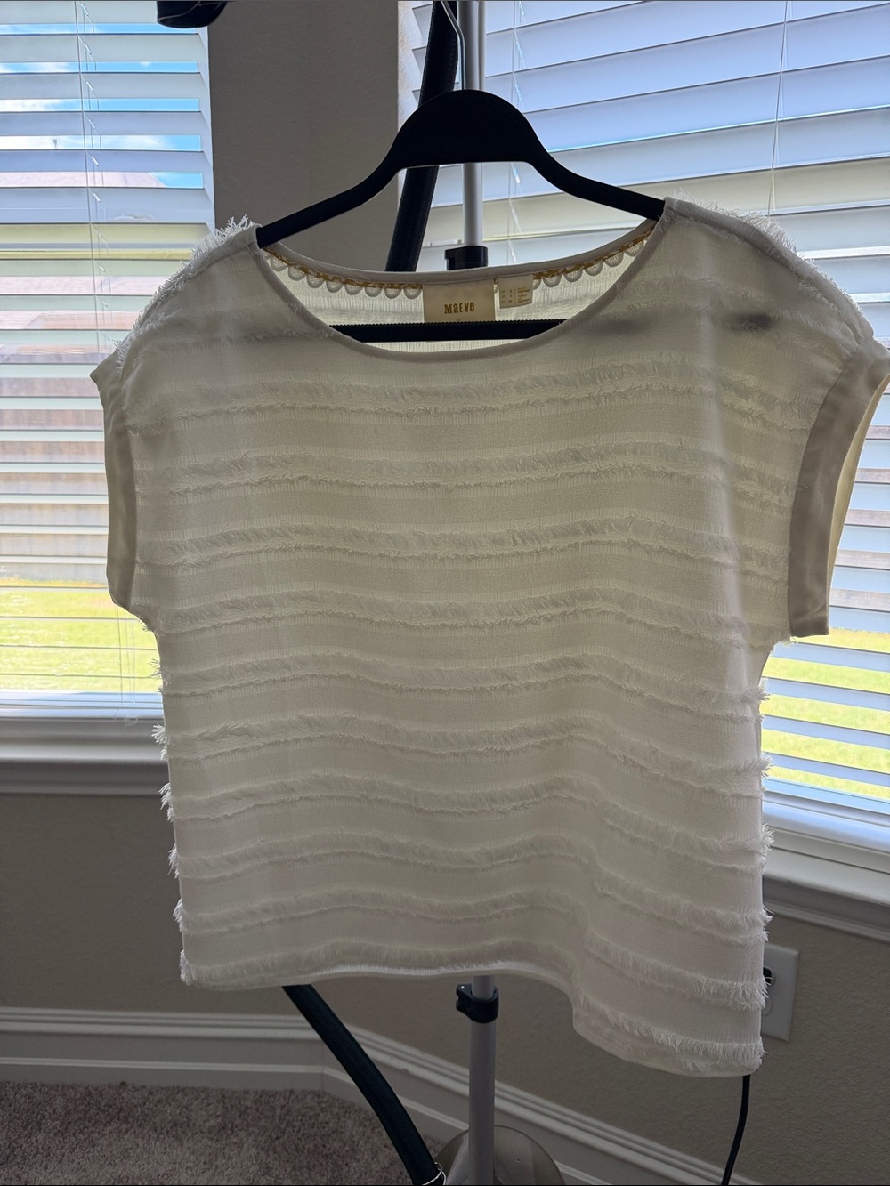 Maeve White Textured Fringe-Stripe Crop Top